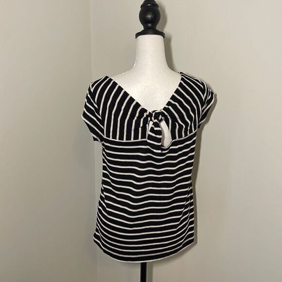 LOFT Womens Cap Sleeve Casual Top Shirt Striped Cut Out Back Small Petite Black - Picture 3 of 8